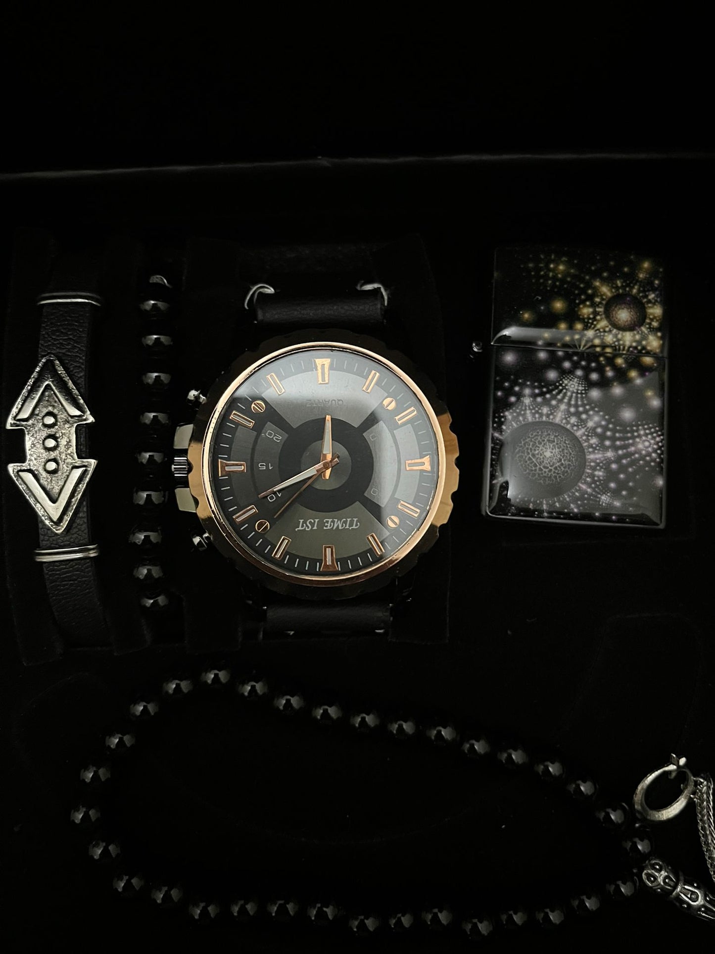 Erkek Kol Saati Bileklik 5 Parça Hediye Set Çakmaklı