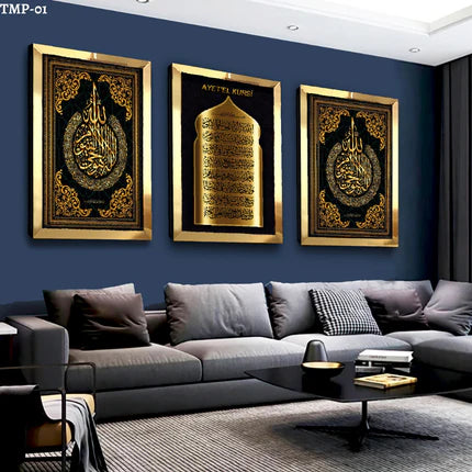 3'lü Set GOLD PLEKSİ Solmaz DİNİ TABLO VE SAAT MODELLERİ Çizim 3 Parça Pleksi Tablo VE SAAT