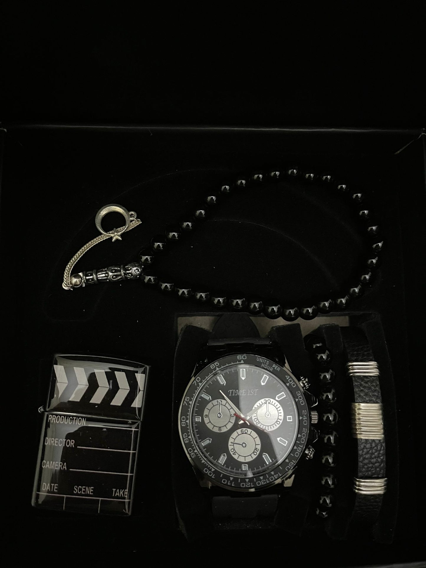 Erkek Kol Saati Bileklik 5 Parça Hediye Set Çakmaklı