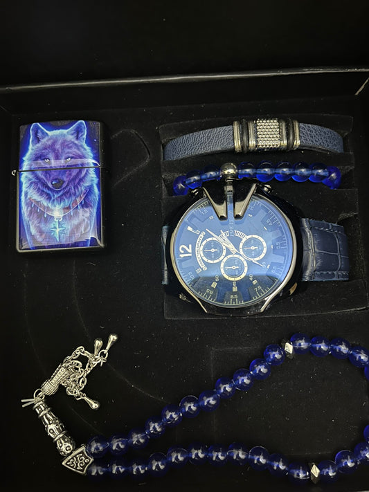 Erkek Kol Saati Bileklik 5 Parça Hediye Set Çakmaklı